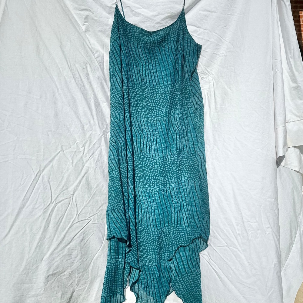 90's Vintage Dainty Spaghetti Beaded Strap Chiffon Blue and Black Midi Dress